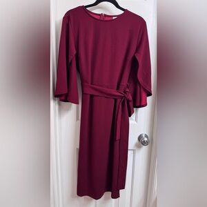 Elegant Wine Color Dress with Split Bell Sleeves, Size Large